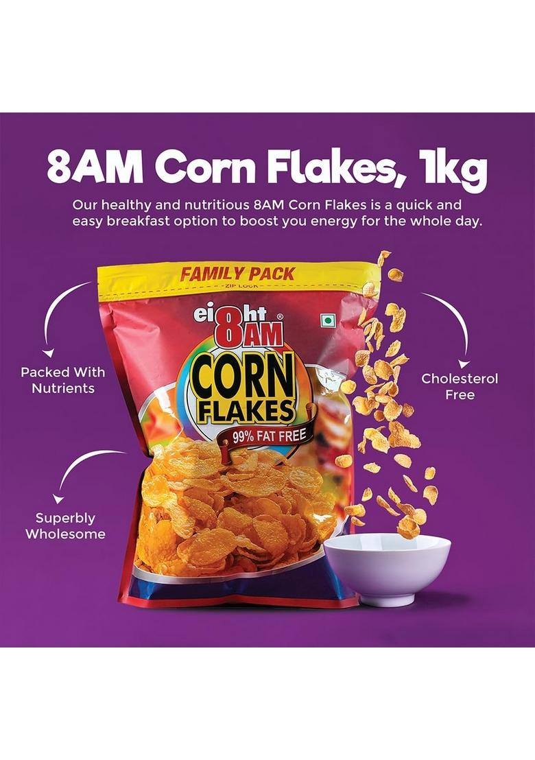 8Am Corn Flakes Family Pack 1Kg, 92% Corn, 99% Fat Free, No Cholesterol, Trans Fat, Vitamin B3 & Iron, Crunchy & Nutritious Whole Grain Breakfast Cereal