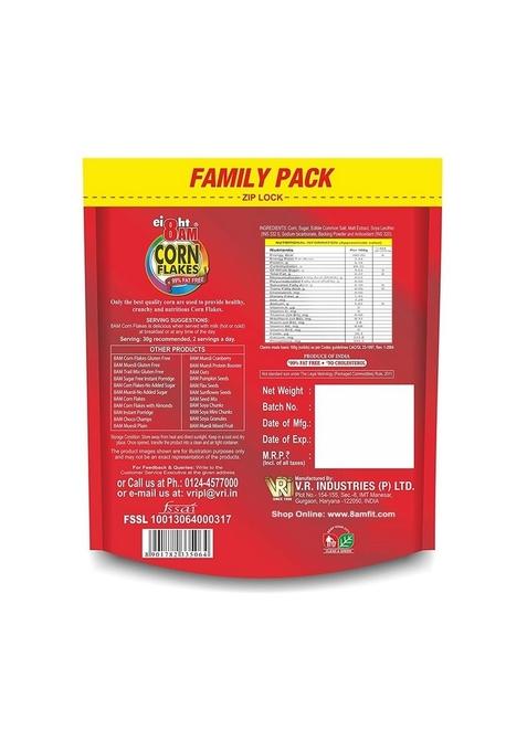 8Am Corn Flakes Family Pack 1Kg, 92% Corn, 99% Fat Free, No Cholesterol, Trans Fat, Vitamin B3 & Iron, Crunchy & Nutritious Whole Grain Breakfast Cereal
