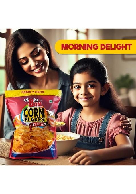 8Am Corn Flakes Family Pack 1Kg, 92% Corn, 99% Fat Free, No Cholesterol, Trans Fat, Vitamin B3 & Iron, Crunchy & Nutritious Whole Grain Breakfast Cereal