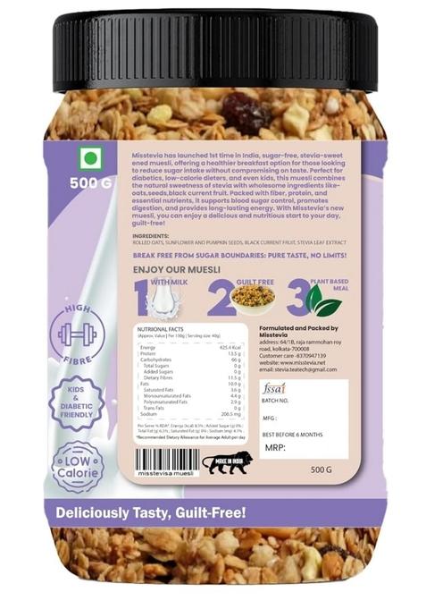 Misstevia Sugar Free Muesli | Stevia Sweetened Muesli In India | 95% Oats, Seeds & Fruits | High Fiber Low Calorie Diet Diabetic & Kids Friendly | Healthy Breakfast & Snack | Diet Food Wholegrain (Pack Of 2)