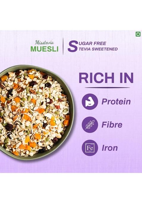 Misstevia Sugar Free Muesli | Stevia Sweetened Muesli In India | 95% Oats, Seeds & Fruits | High Fiber Low Calorie Diet Diabetic & Kids Friendly | Healthy Breakfast & Snack | Diet Food Wholegrain (Pack Of 2)