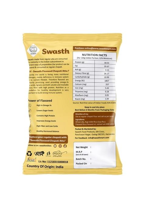 Swasth Flaxseed Chapati Atta -Omega -3 -High Fibe C-Low Carbs |High Protein&Fibre|Diabetic Friendly |For Weight Loss