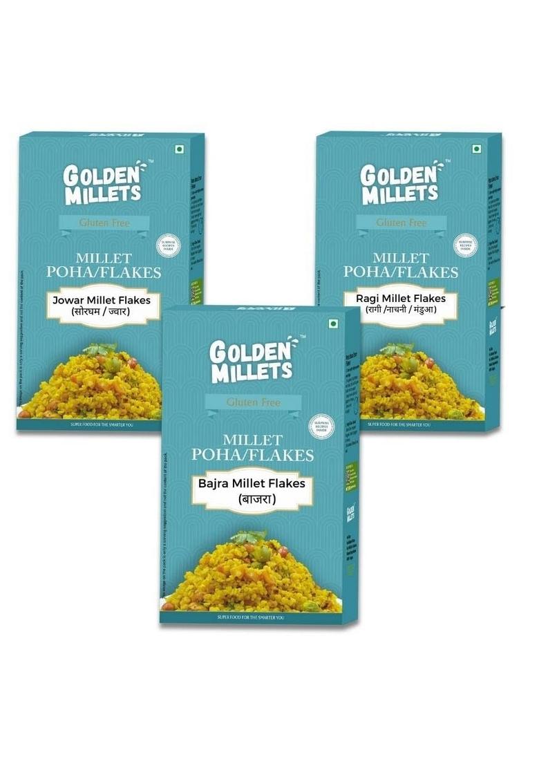 Golden Millet Poha Combo Gluten Free | Diabetic Friendly | No Preservative | Jowar Flakes | Bajra Flakes | Ragi Millet Flakes | (250G X 3)