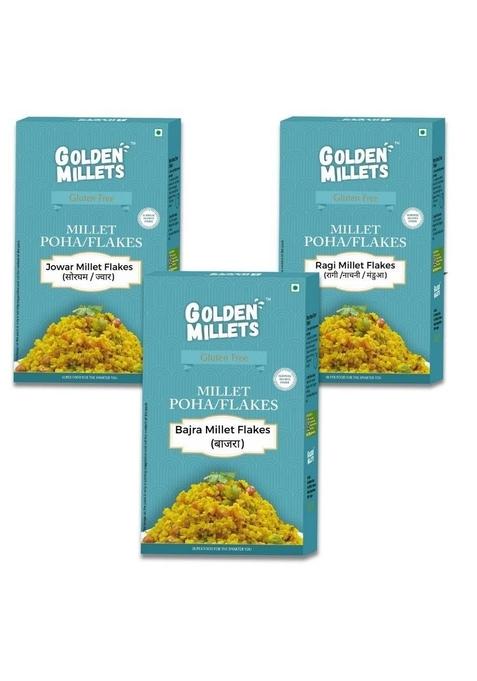 Golden Millet Poha Combo Gluten Free | Diabetic Friendly | No Preservative | Jowar Flakes | Bajra Flakes | Ragi Millet Flakes | (250G X 3)