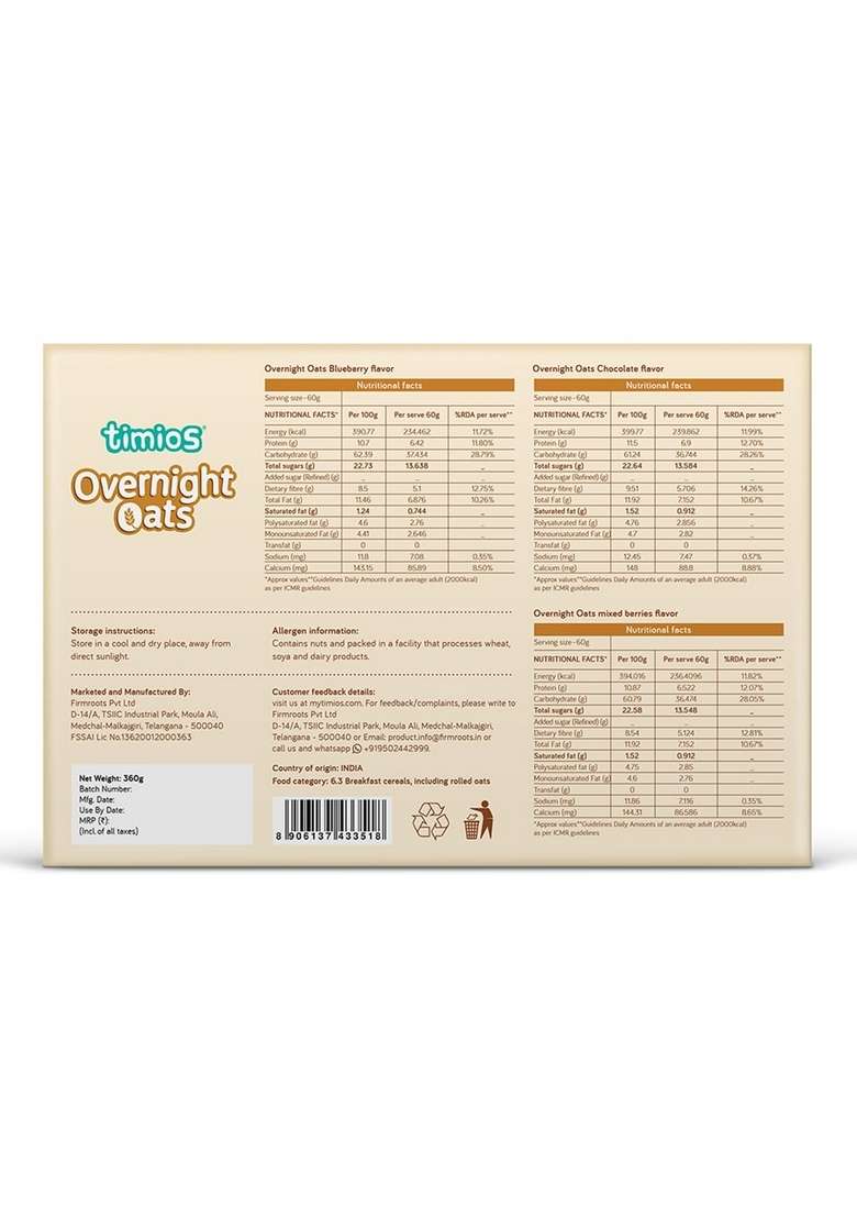 Timios High In Protein Overnight Oats, Healthy Oatmeal Breakfast, 2 Blueberry, 2 Chocolate&2 Mixed Berries Flavour, High In Dietary Fiber&Calcium, Oats With Chia Seeds, Dry Fruits&Nuts, Pack Of 6-360G - Indya