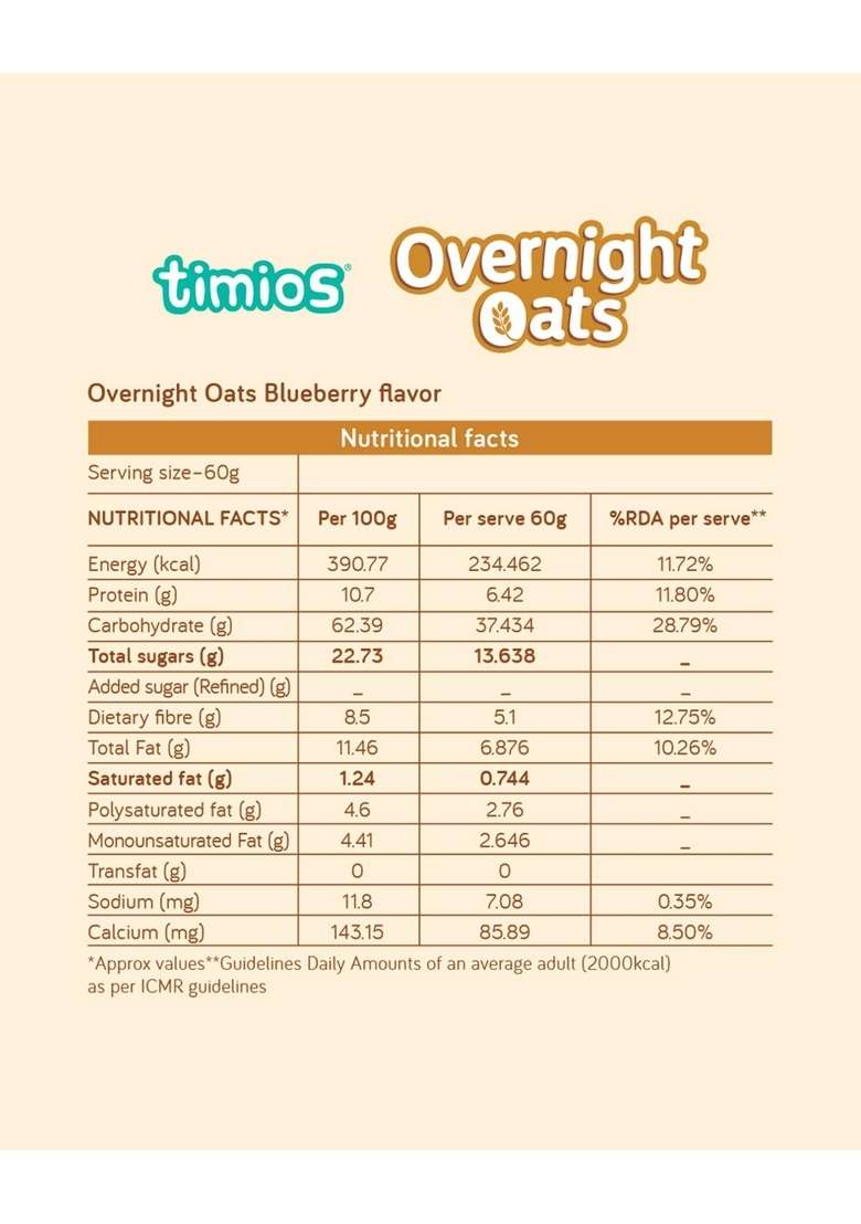 Timios High In Protein Overnight Oats, Healthy Oatmeal Breakfast, 2 Blueberry, 2 Chocolate&2 Mixed Berries Flavour, High In Dietary Fiber&Calcium, Oats With Chia Seeds, Dry Fruits&Nuts, Pack Of 6-360G - Indya