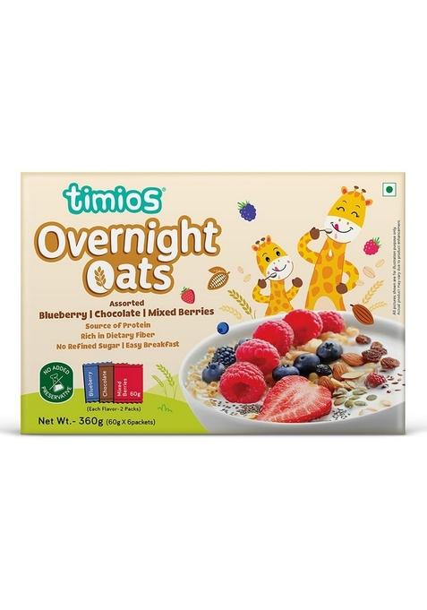 Timios High In Protein Overnight Oats, Healthy Oatmeal Breakfast, 2 Blueberry, 2 Chocolate&2 Mixed Berries Flavour, High In Dietary Fiber&Calcium, Oats With Chia Seeds, Dry Fruits&Nuts, Pack Of 6-360G