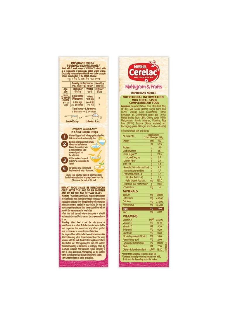 Cerelac Baby Food Cereal | Multigrain & Fruits For 12 To 24 Months Baby | Source Of Iron & Protein | Instant Cereal | 600G (Pack Of 2) - Indya