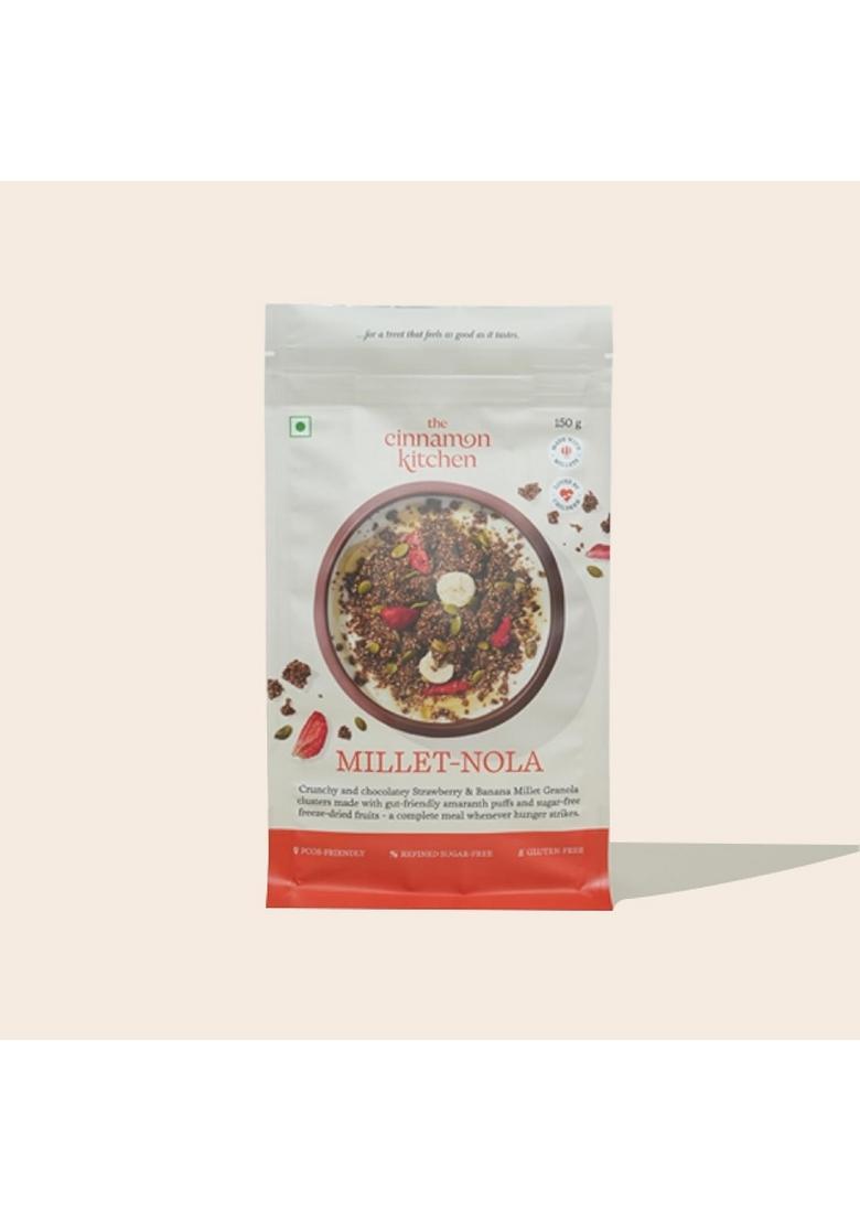 The Cinnamon Kitchen Strawberry & Banana Millet Granola (150 G) | As Seen On Shark Tank India | Ready To Eat Healthy Breakfast Food | 100% Millet Based| Loved By Children