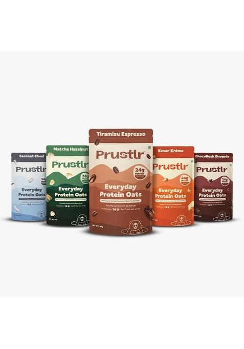 Prustlr Assorted Bundle - Everyday Protein Oats | 24G Protein | 5 Flavours Pack - Tiramisu Espresso, Matcha Hazelnut, Coconut Cloud, Kesar Kreme, Chocorush Brownie