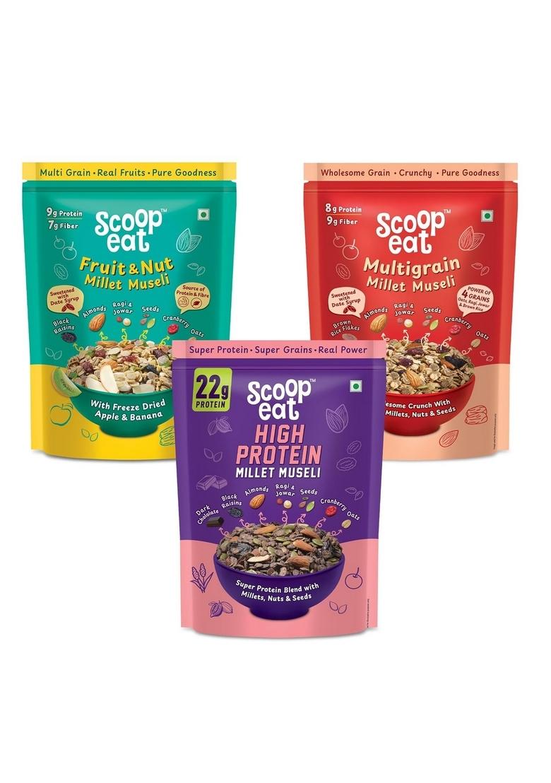 Scoopeat Assorted Muesli Combo 750G – Multigrain, Fruit & Nut & High Protein Muesli | Breakfast Cereal With Oats, Millets, Almonds, Seeds, Fruits & Dark Chocolate | High Fiber, No Refined Sugar (Pack Of 3)