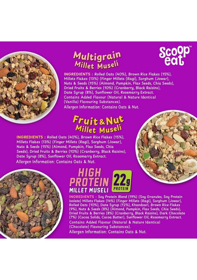 Scoopeat Assorted Muesli Combo 750G – Multigrain, Fruit & Nut & High Protein Muesli | Breakfast Cereal With Oats, Millets, Almonds, Seeds, Fruits & Dark Chocolate | High Fiber, No Refined Sugar (Pack Of 3)