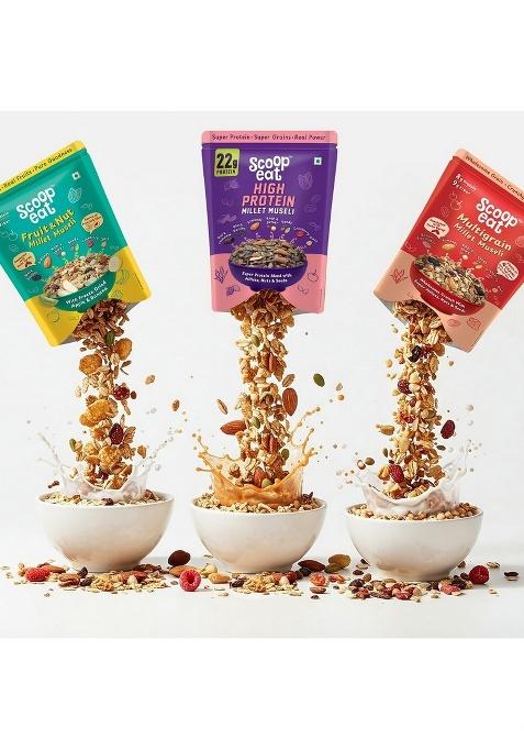 Scoopeat Assorted Muesli Combo 750G – Multigrain, Fruit & Nut & High Protein Muesli | Breakfast Cereal With Oats, Millets, Almonds, Seeds, Fruits & Dark Chocolate | High Fiber, No Refined Sugar (Pack Of 3)