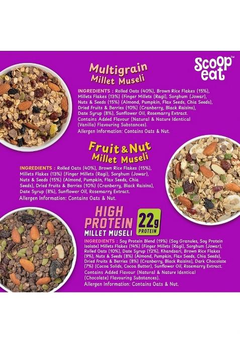 Scoopeat Assorted Muesli Combo 750G – Multigrain, Fruit & Nut & High Protein Muesli | Breakfast Cereal With Oats, Millets, Almonds, Seeds, Fruits & Dark Chocolate | High Fiber, No Refined Sugar (Pack Of 3)
