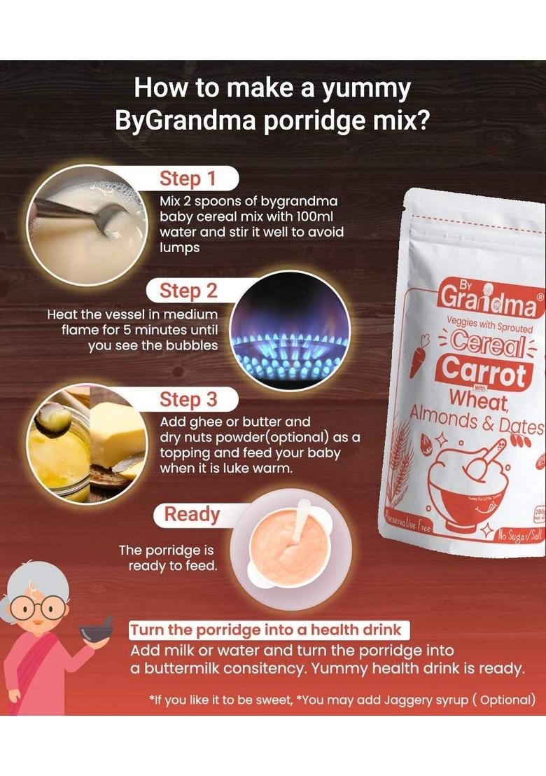 Bygrandma Veggies & Nuts With Sprouted Cereal – Sprouted Wheat, Carrot With Almonds And Dates Healthy Food For Kids | Preservative Free Instant Health Drink Mix For Little Ones | 280G