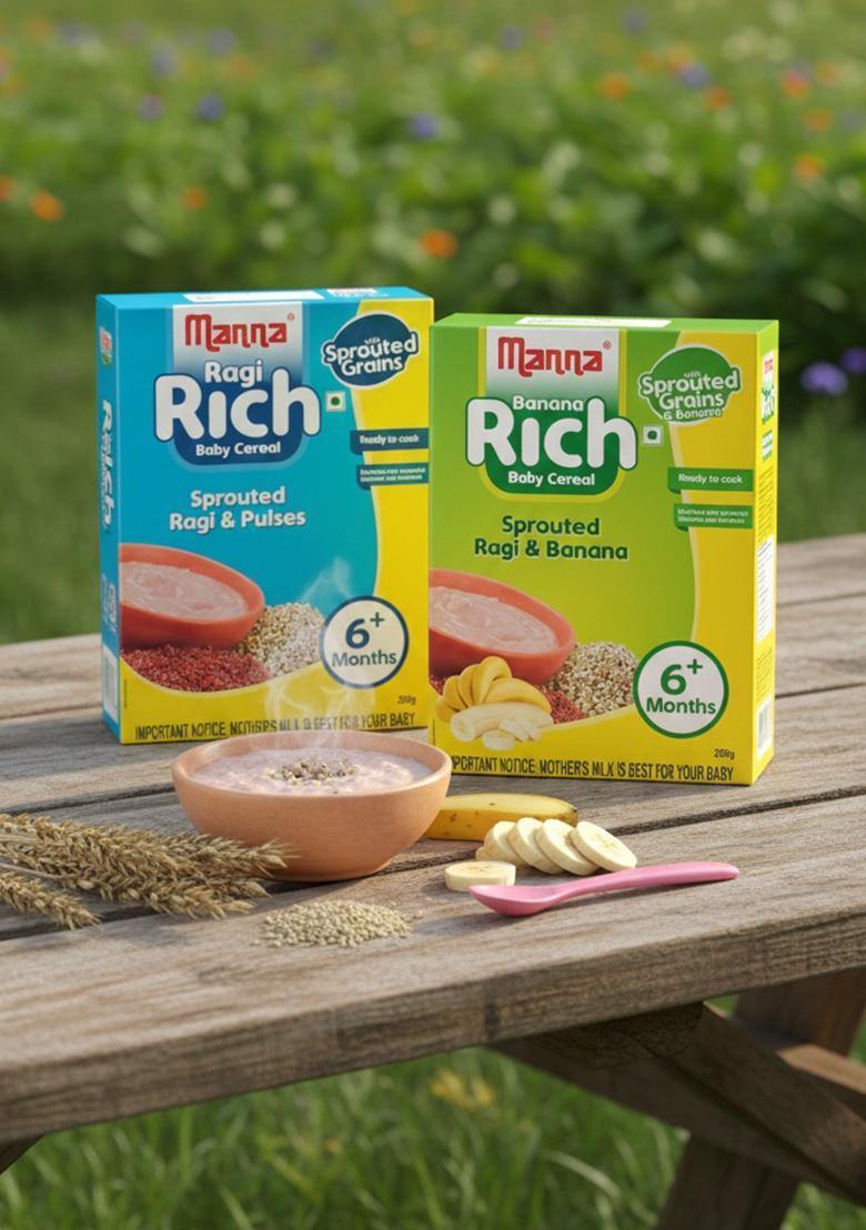 Manna Baby Cereal, No Added Sugar, Bis, Fssai Approved Cereal Based Complimentary Baby Food, 6+ Months. Sprouted Ragi & Pulses, Sprouted Ragi & Banana 200G (Pack Of 2)