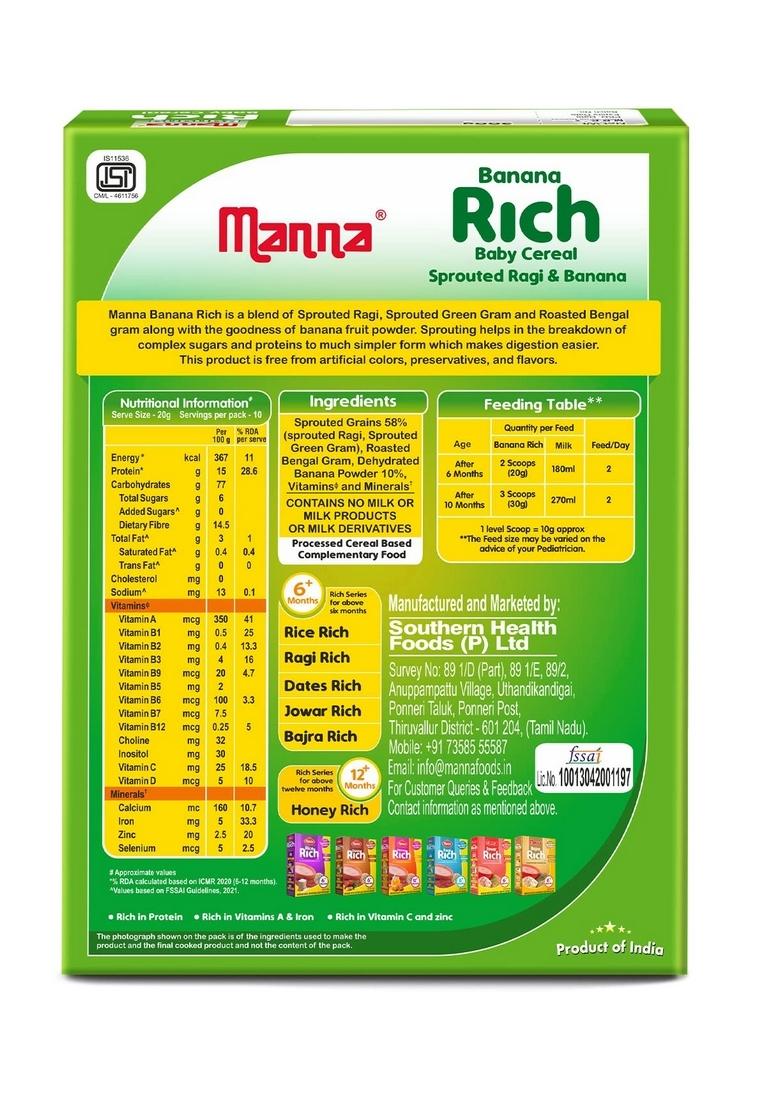 Manna Baby Cereal, No Added Sugar, Bis, Fssai Approved Cereal Based Complimentary Baby Food, 6+ Months. Sprouted Ragi & Pulses, Sprouted Ragi & Banana 200G (Pack Of 2)