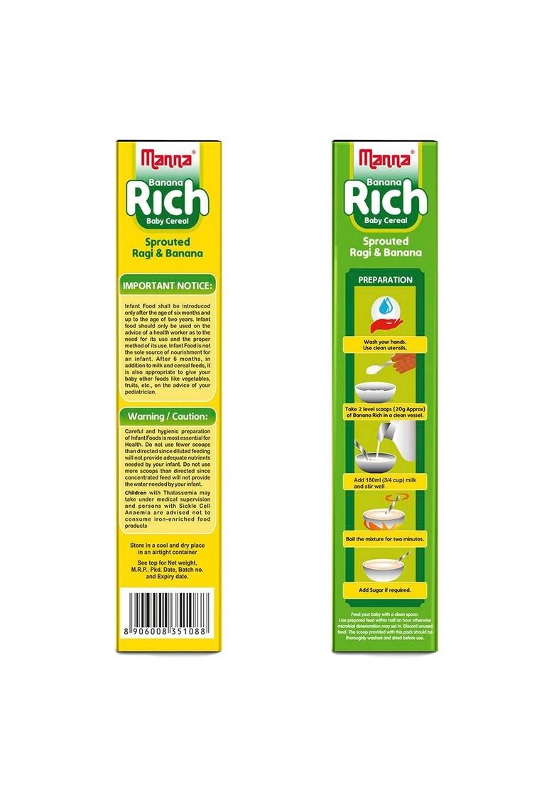 Manna Baby Cereal, No Added Sugar, Bis, Fssai Approved Cereal Based Complimentary Baby Food, 6+ Months. Sprouted Ragi & Pulses, Sprouted Ragi & Banana 200G (Pack Of 2)