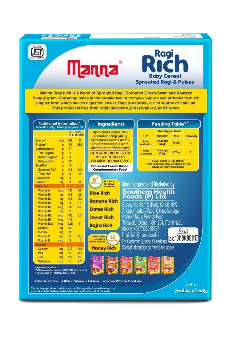 Manna Baby Cereal, No Added Sugar, Bis, Fssai Approved Cereal Based Complimentary Baby Food, 6+ Months. Sprouted Ragi & Pulses, Sprouted Ragi & Banana 200G (Pack Of 2)