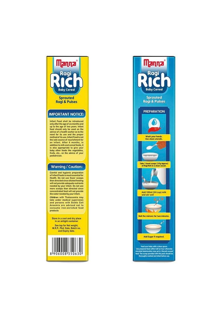 Manna Baby Cereal, No Added Sugar, Bis, Fssai Approved Cereal Based Complimentary Baby Food, 6+ Months. Sprouted Ragi & Pulses, Sprouted Ragi & Banana 200G (Pack Of 2)