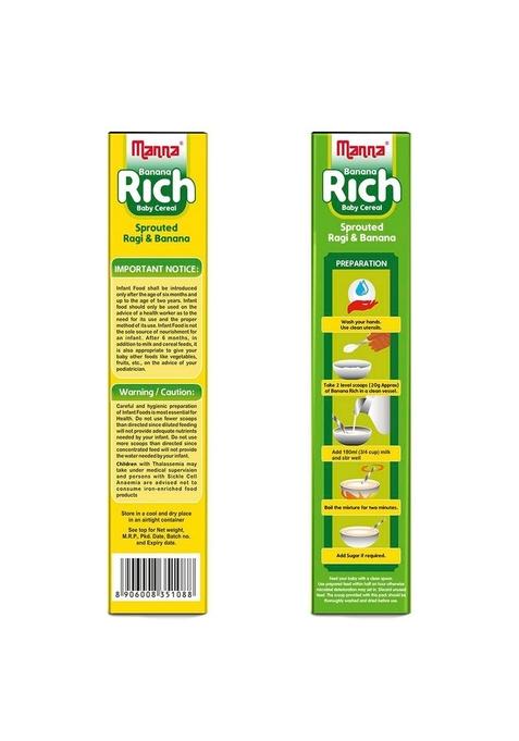 Manna Baby Cereal, No Added Sugar, Bis, Fssai Approved Cereal Based Complimentary Baby Food, 6+ Months. Sprouted Ragi & Pulses, Sprouted Ragi & Banana 200G (Pack Of 2)