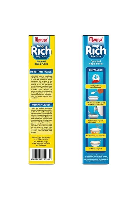 Manna Baby Cereal, No Added Sugar, Bis, Fssai Approved Cereal Based Complimentary Baby Food, 6+ Months. Sprouted Ragi & Pulses, Sprouted Ragi & Banana 200G (Pack Of 2)