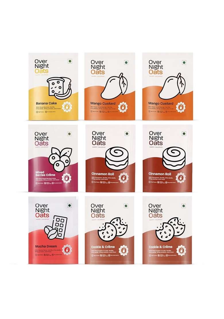 Overnight Oats 20/15Gms High Protein| Refined Sugar Free| No Preservative|With Whey Protein, Mocha, Banana, Mixed Berries, Mango, Chocolate Chip, Cookies Cremè And Cinnamon Flavours (Assorted,Pack Of 10) - Indya