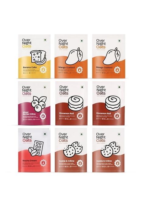 Overnight Oats 20/15Gms High Protein| Refined Sugar Free| No Preservative|With Whey Protein, Mocha, Banana, Mixed Berries, Mango, Chocolate Chip, Cookies Cremè And Cinnamon Flavours (Assorted,Pack Of 10)