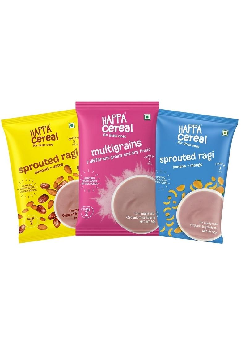 Happa Ragi + Almonds + Dates, Ragi + Mango + Banana And Multigrain Cereal For Babies | Only Natural Ingredients | No Sugar, Oil, Milk Powder, Flavours Or Colours | Traditional Porridge Recipe | Cooks In 3 Minutes | Stage 2 (6 Months+) | Pack Of 3 (50G Eac