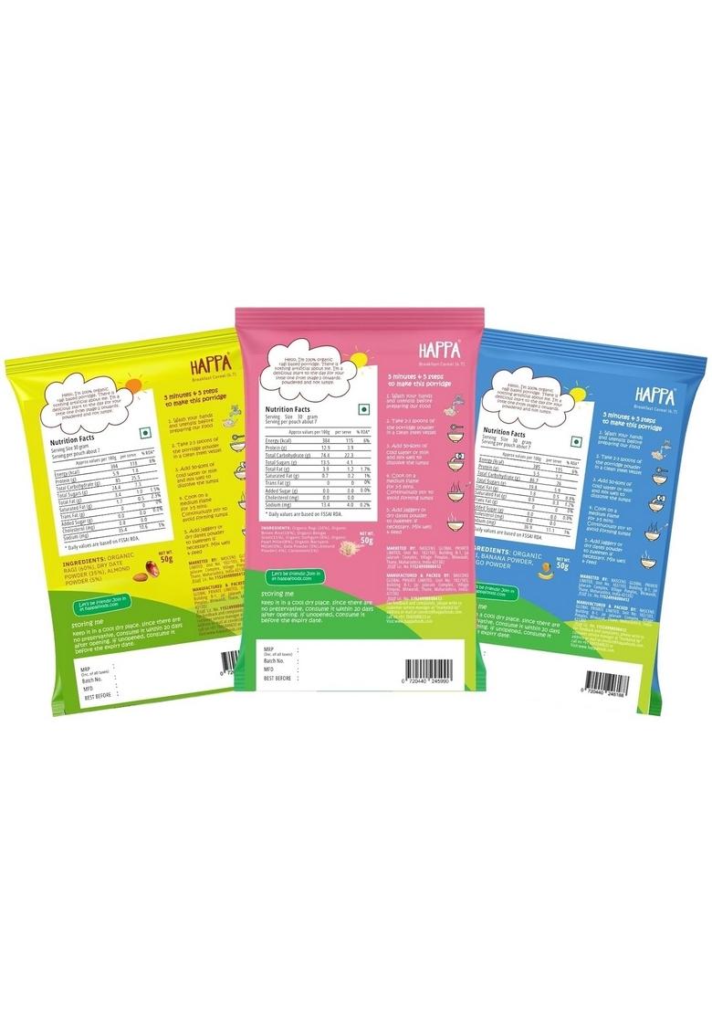 Happa Ragi + Almonds + Dates, Ragi + Mango + Banana And Multigrain Cereal For Babies | Only Natural Ingredients | No Sugar, Oil, Milk Powder, Flavours Or Colours | Traditional Porridge Recipe | Cooks In 3 Minutes | Stage 2 (6 Months+) | Pack Of 3 (50G Eac