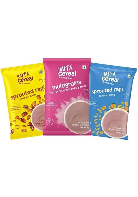 Happa Ragi + Almonds + Dates, Ragi + Mango + Banana And Multigrain Cereal For Babies | Only Natural Ingredients | No Sugar, Oil, Milk Powder, Flavours Or Colours | Traditional Porridge Recipe | Cooks In 3 Minutes | Stage 2 (6 Months+) | Pack Of 3 (50G Eac