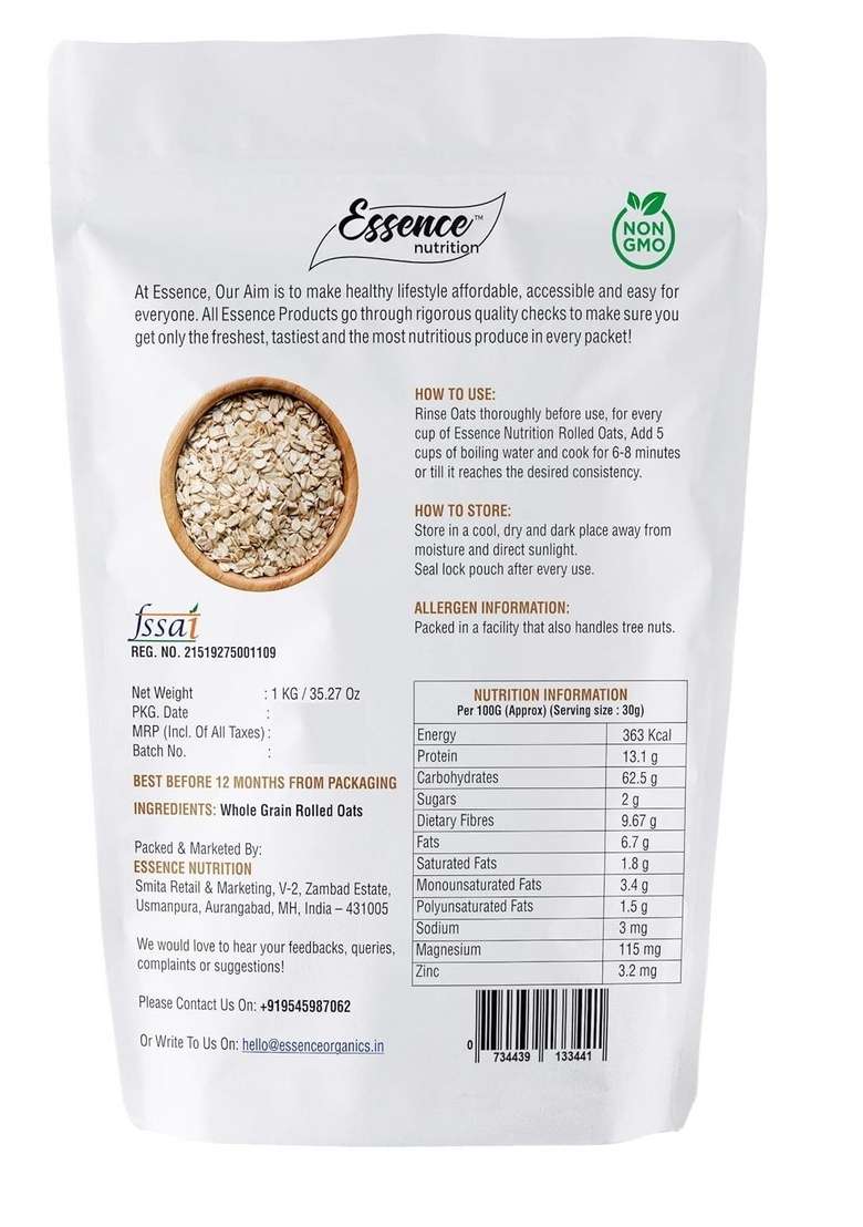Essence Nutrition Certified Gluten Free Rolled Oats (1 Kg) - Imported From Australia - Indya