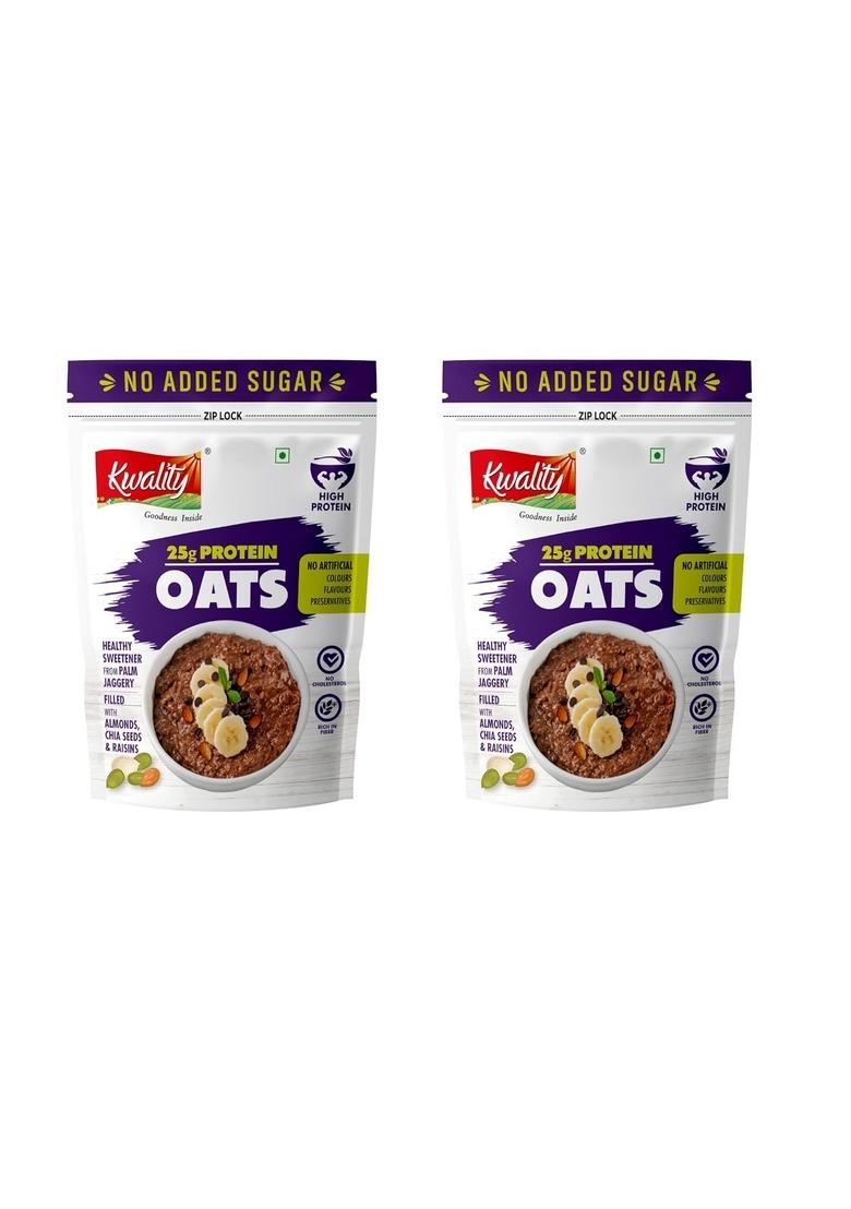 Kwality 25G High Protein Oats 400G Each (Pack Of 2) | Multigrain Rolled Oats With Whey & Soy Protein | No Refined Sugar | With Almonds, Raisins, Pumpkin & Chia Seeds | High Fiber | Gluten Free | Quick Breakfast For Weight Loss & Fitness