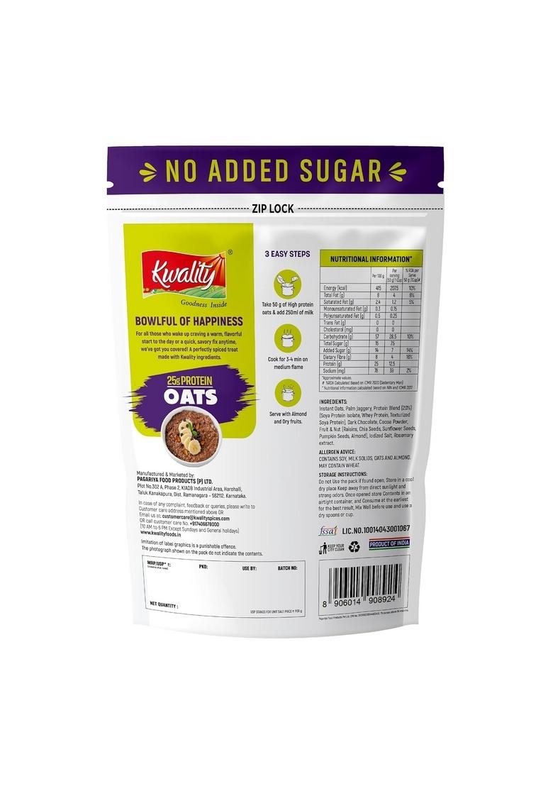 Kwality 25G High Protein Oats 400G Each (Pack Of 2) | Multigrain Rolled Oats With Whey & Soy Protein | No Refined Sugar | With Almonds, Raisins, Pumpkin & Chia Seeds | High Fiber | Gluten Free | Quick Breakfast For Weight Loss & Fitness