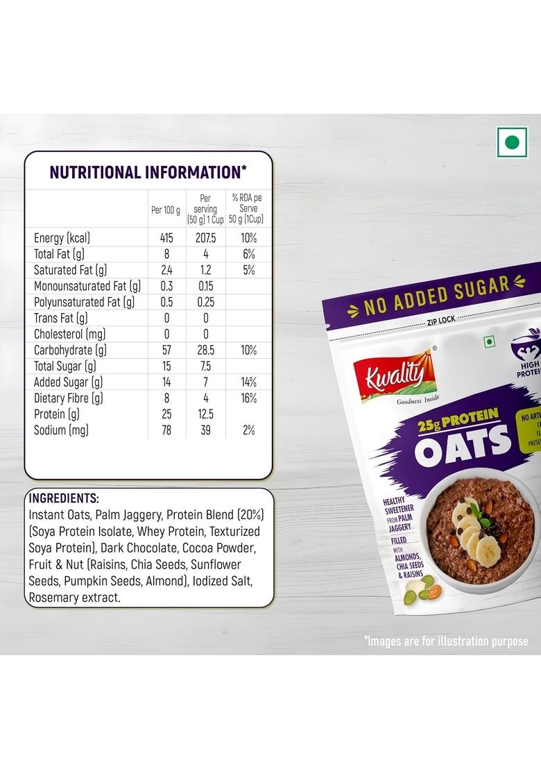 Kwality 25G High Protein Oats 400G Each (Pack Of 2) | Multigrain Rolled Oats With Whey & Soy Protein | No Refined Sugar | With Almonds, Raisins, Pumpkin & Chia Seeds | High Fiber | Gluten Free | Quick Breakfast For Weight Loss & Fitness