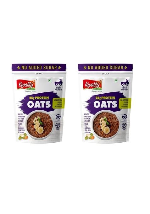 Kwality 25G High Protein Oats 400G Each (Pack Of 2) | Multigrain Rolled Oats With Whey & Soy Protein | No Refined Sugar | With Almonds, Raisins, Pumpkin & Chia Seeds | High Fiber | Gluten Free | Quick Breakfast For Weight Loss & Fitness