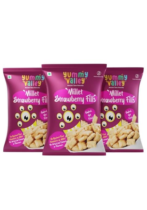 Yummy Valley Millet Strawberry Fills - Pack Of 3 (Goodness Of Jowar Millet & Strawberry | Super-Healthy Snacks For Kids)