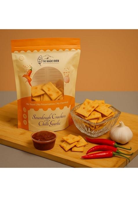 The Magic Oven Sourdough Oil Free Crackers Chips, Healthy Baked Nutritious Snack | Preservative-Free - Chilli Garlic 150Gm