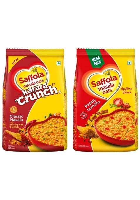 Saffola Masala Oats Karara Crunch, Tasty Evening Snack, Classic Masala With Crunchy Bits And Millets, 500G & Saffola Masala Oats | Tasty Evening Snack| Healthy Snack| Peppy Tomato| 500G