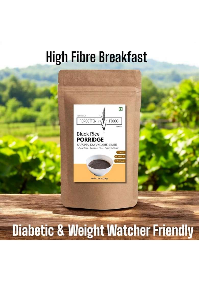 Forgotten Foods Black Rice Porridge - Kuruppu Kavuni Arisi Ganji - Instant Easy Breakfast Premix - No Sugar, Vegan, Diabetic Friendly, High Fibre, Natural, No Palm Oil - 250G - Indya