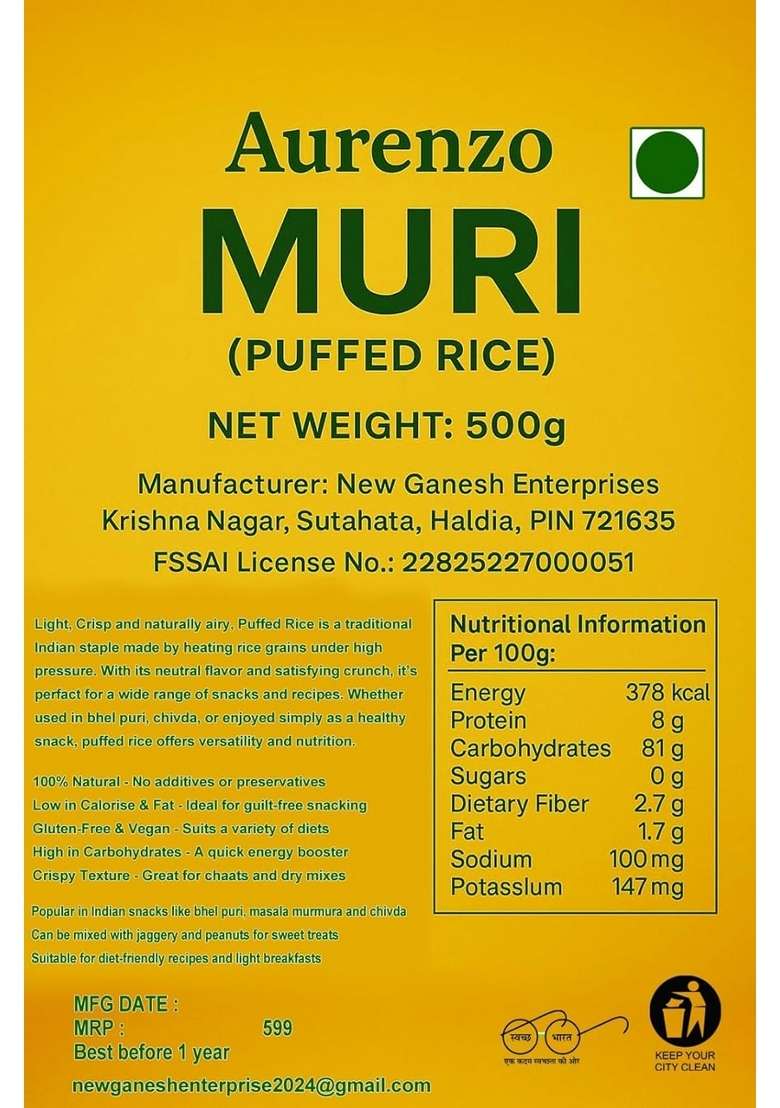 Aurenzo Muri Organic Puffed Rice, 500G, Gluten-Free, Vegan, 1Kg(Pack Of 500Gm 2 Bag) - Indya