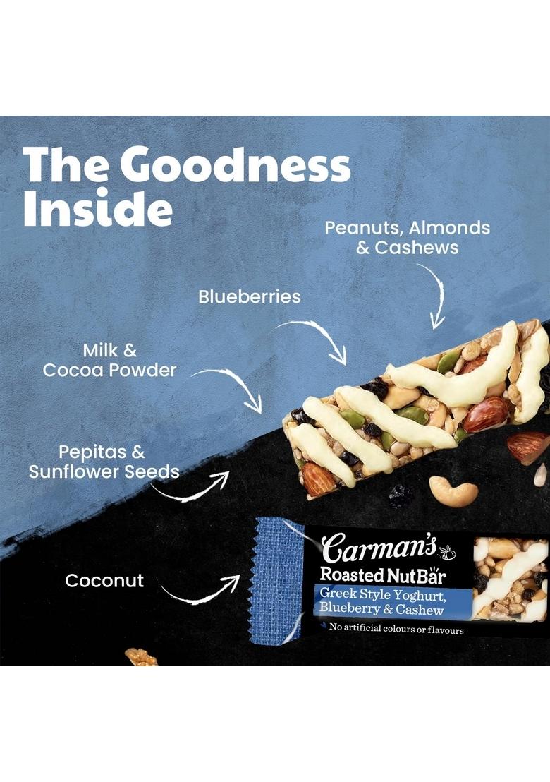 Carman'S Roasted Nut Bars- 160Gms | Greek Style Yoghurt, Blueberry & Cashew | Nuts & Seeds | Greek Style Yoghurt | Source Of Fibre | On-The-Go Snack | Daily Energy Bars | Gluten-Free | Vegan
