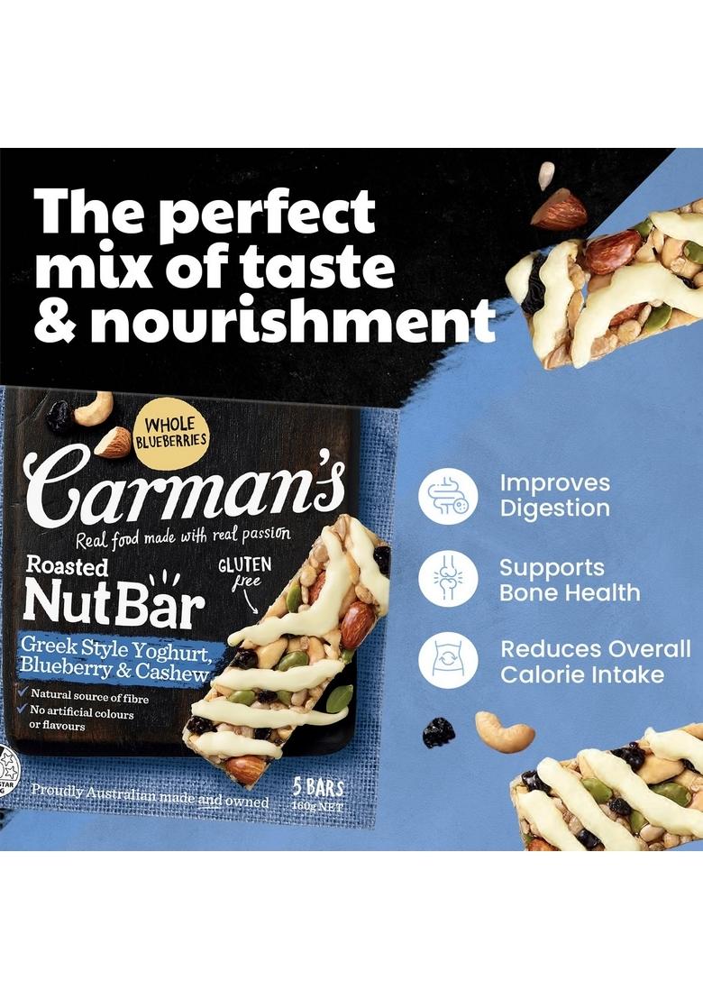Carman'S Roasted Nut Bars- 160Gms | Greek Style Yoghurt, Blueberry & Cashew | Nuts & Seeds | Greek Style Yoghurt | Source Of Fibre | On-The-Go Snack | Daily Energy Bars | Gluten-Free | Vegan