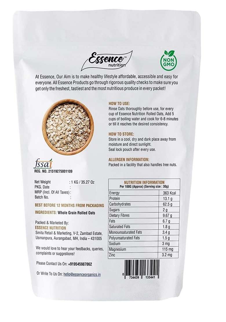 Essence Nutrition Certified Gluten Free Rolled Oats (1 Kg) - Imported From Australia (Rolled Oats 2 Kg (1Kg X 2)) - Indya