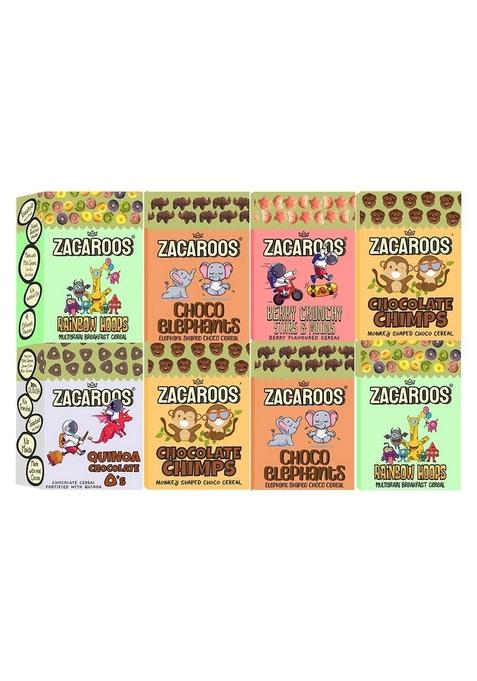 Zacaroos Millet & Quinoa Breakfast Cereal Variety Pack Of 8 | 4 Different Flavours | | Made With Millets, Quinoa & Multi-Grains | Rainbow Hoops. Choco Chimps, Choco Elephants & Choco Triangles | 240G