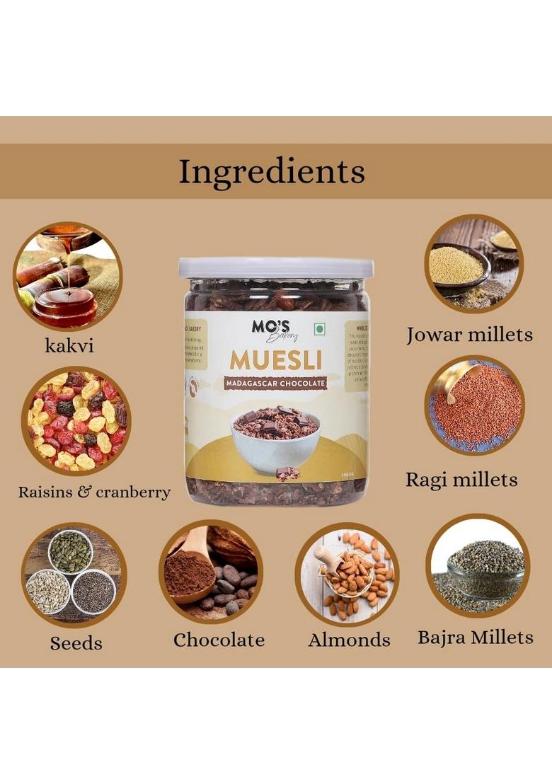 Mo'S Millet Muesli 300 Gms | Madagascar Chocolate | Healthy Breakfast Muesli | 90% Whole Grain | Protein Rich |Clean Ingredients