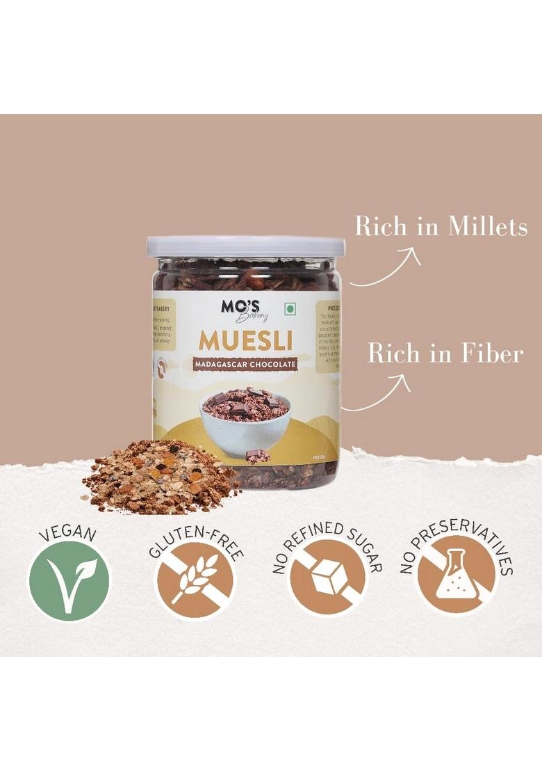 Mo'S Millet Muesli 300 Gms | Madagascar Chocolate | Healthy Breakfast Muesli | 90% Whole Grain | Protein Rich |Clean Ingredients
