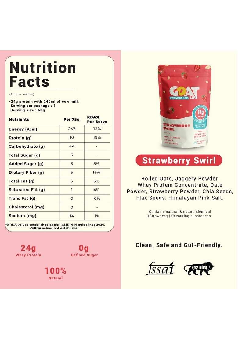 Goat Life Overnight Oats 360G (Pack Of 6) | 17G Protein | High Fibre & Gluten-Free | No Refined Sugar | 100% Natural Breakfast Cereal | Ideal For Weight Management | Spoon-Free Assorted Protein Oats - Indya