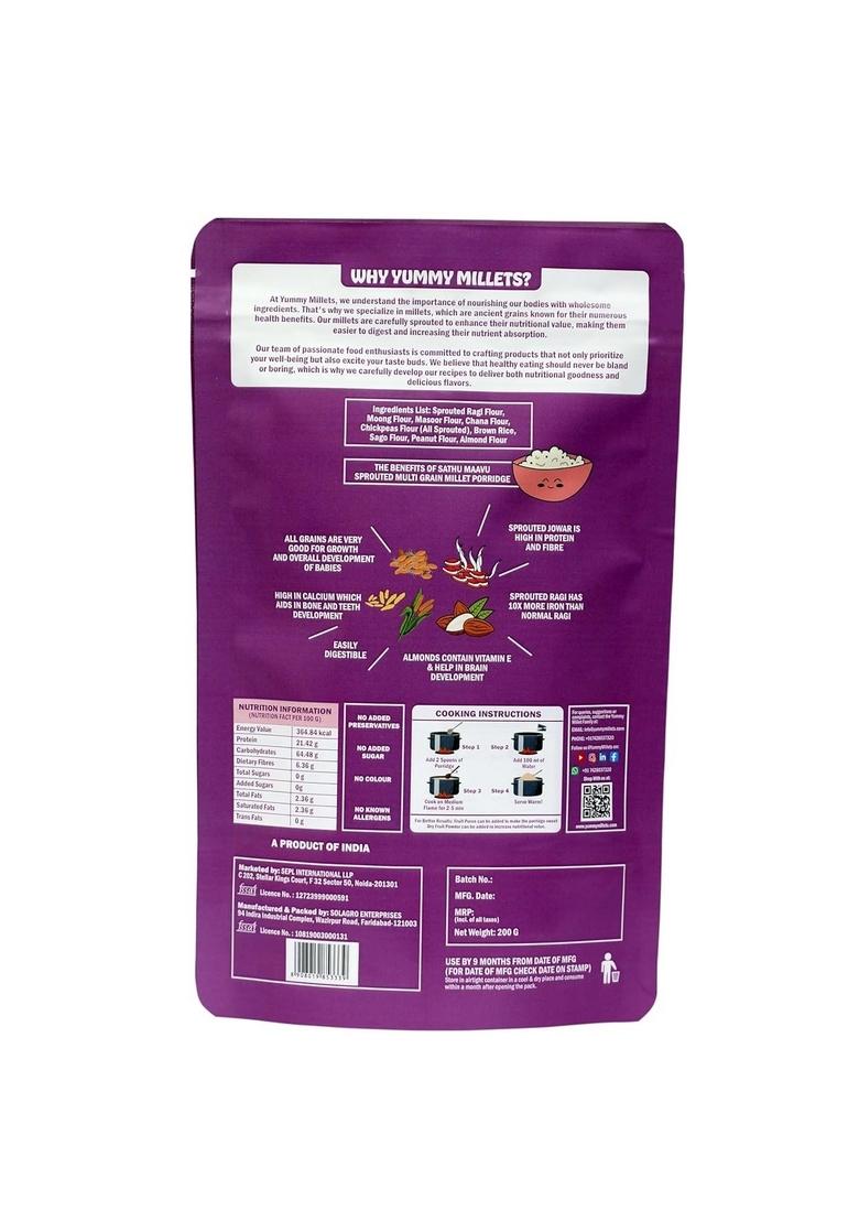 Yummy Millets Sprouted Multi-Grain Millet Porridge Mix | Sathu Maavu | Wholesome Cereal Blend For Kids & Family | Natural Breakfast Option | 200G Each (Pack Of 1)