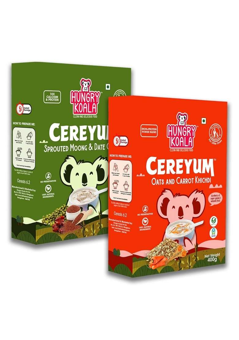 Hungry Koala Cereal Made With Natural Ingridients Oats Carrot Sprouted Moong & Dates For Kids To Grow Healthy No Preservative Or Additives Or Maida 250 Grams Pack Of 2 - Indya
